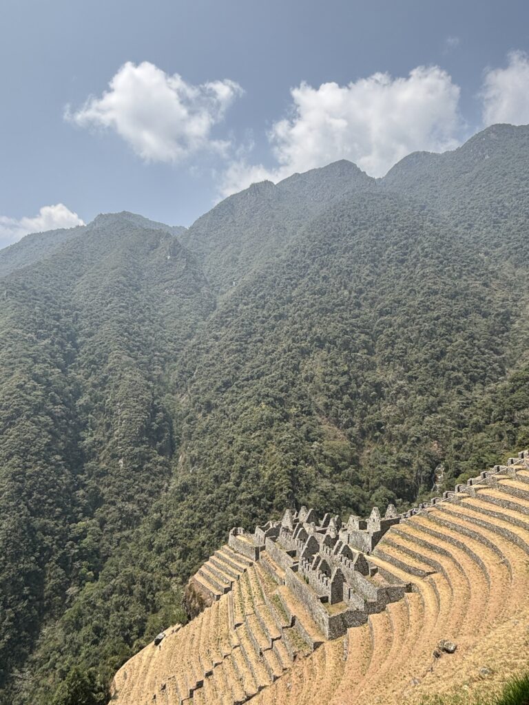 Terrasses incas et montagnes verdoyantes sur le Chemin Inca vers le Machu Picchu.