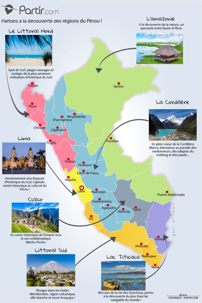 Carte du Pérou indiquant les principales régions touristiques, dont la cordillère Blanche, Lima, Cusco et la région amazonienne.
