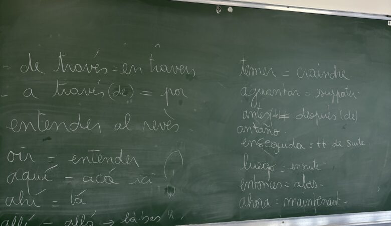 Tableau de classe avec des mots en espagnol et une horloge, symbolisant la reprise des cours de castillan.